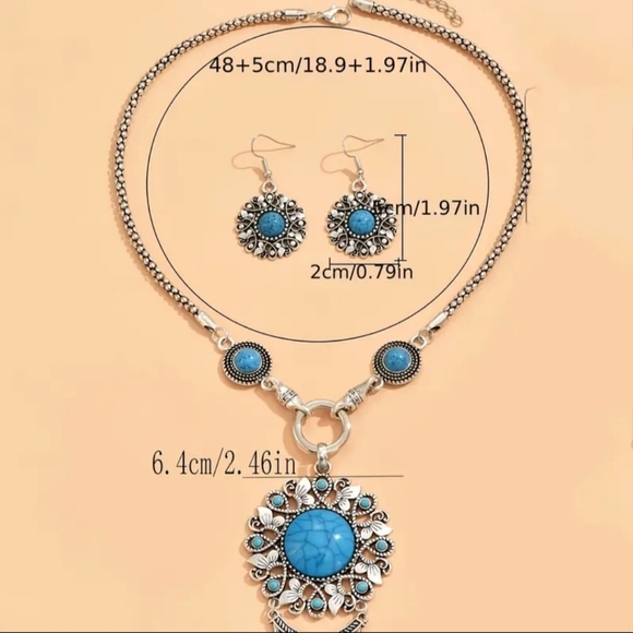 2/$40 NEW Western Silver and Blue Turquoise Necklace Earring Set Preppy -(#0143) - Picture 3 of 5